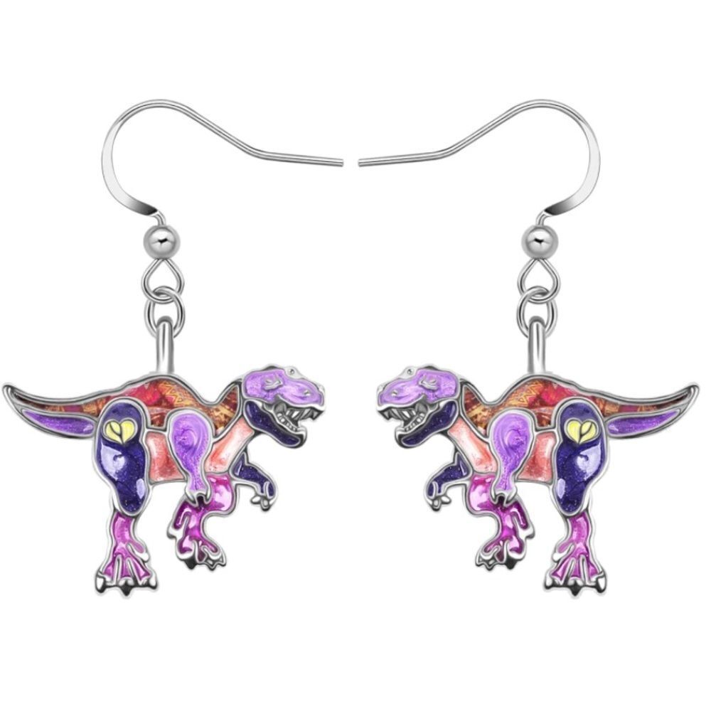 Silver with Multicolored Enamel T-Rex Dinosaur French Wire Drop Hook Earrings